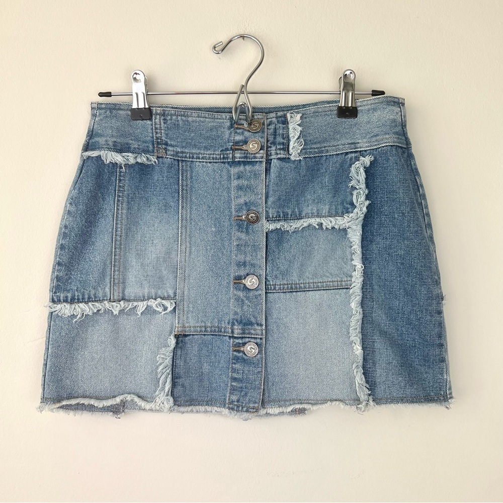Vintage Squeeze Patchwork Button Front Denim Mini Skirt